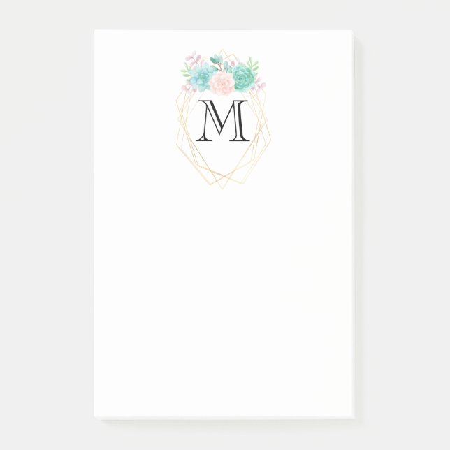 Modern Pink & Green Watercolor Succulents Monogram Post-it Notes (Front)
