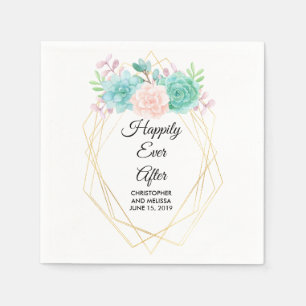 Modern Pink & Green Watercolor Succulents Wedding Napkin