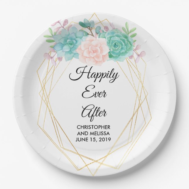Modern Pink & Green Watercolor Succulents Wedding Paper Plate (Front)