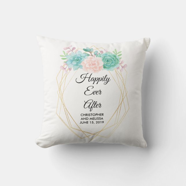 Modern Pink & Green Watercolor Succulents Wedding Throw Pillow (Front)