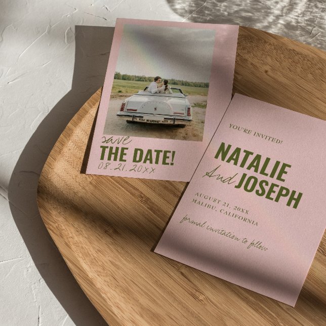 Modern Pink Green Whimsical Unique Photo Wedding Save The Date (Creator Uploaded)