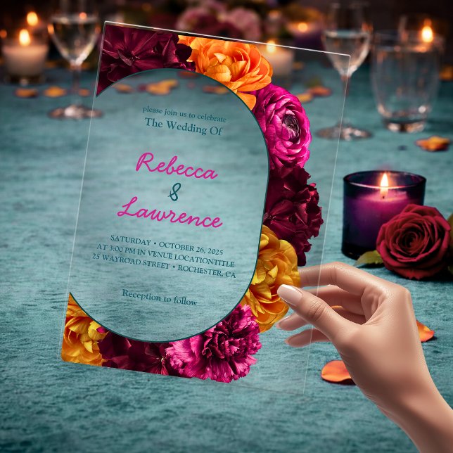 Modern pink green yellow floral  acrylic invitations (Creator Uploaded)