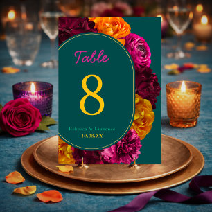 Modern pink green yellow floral  table number