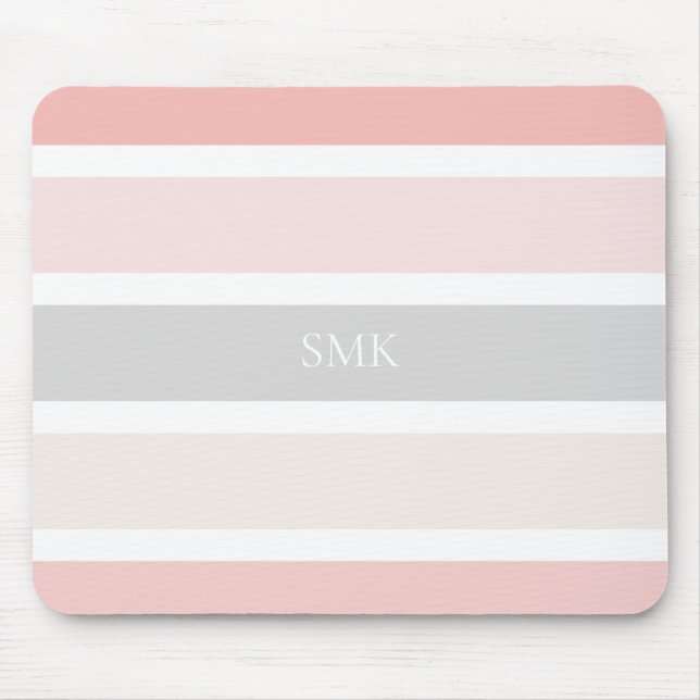 Modern Pink Grey and Cream Wide Stripes Monogram Mouse Pad (Front)