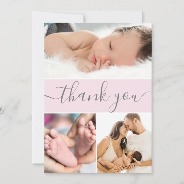 Modern Pink Grey Baby Girl Photo Collage Script Thank You Card (Front)