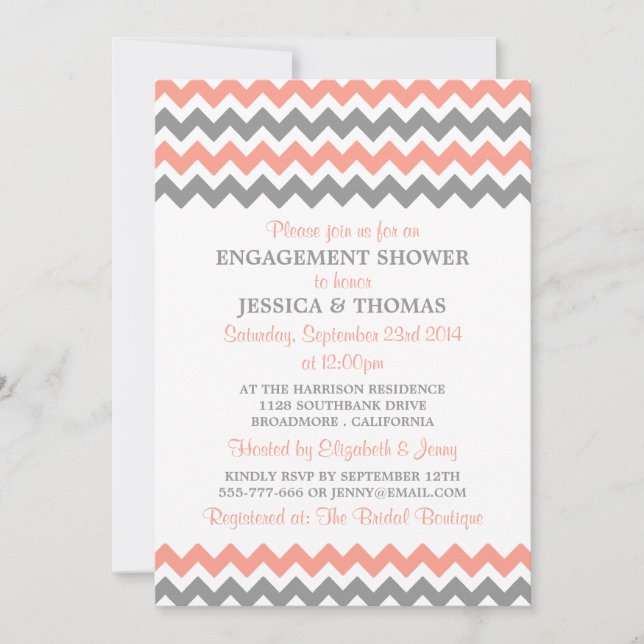Modern Pink & Grey Chevron Engagement Shower Invitation (Front)