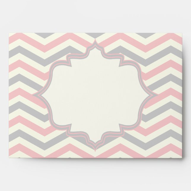 Modern pink, grey chevron zigzag wedding envelope (Front)