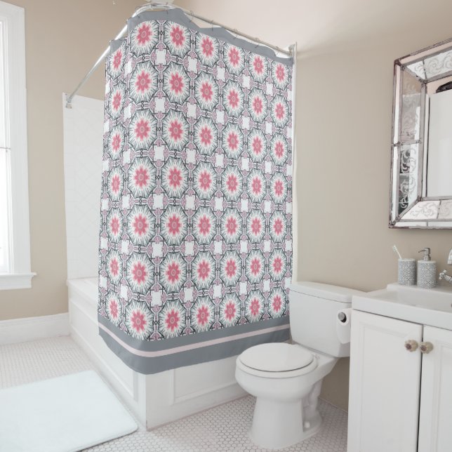 Modern Pink Grey Fretwork Shower Curtain  (In Situ)