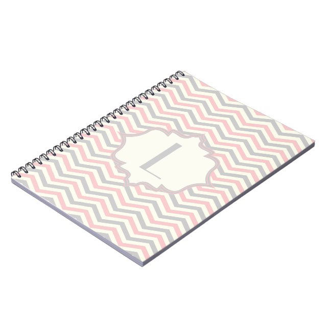 Modern pink, grey, ivory chevron pattern custom notebook (Left Side)