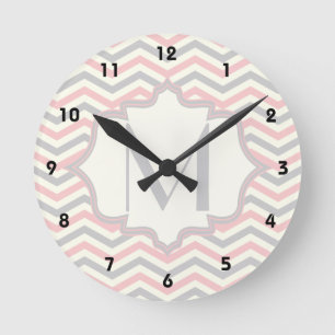 Modern pink, grey, ivory chevron pattern custom round clock
