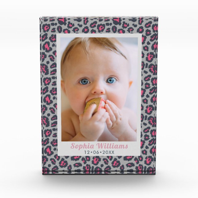Modern Pink Grey Leopard Print Baby Photo Block (Front)