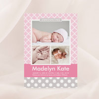 Modern Pink Grey Pattern Baby Girl Photo Birth