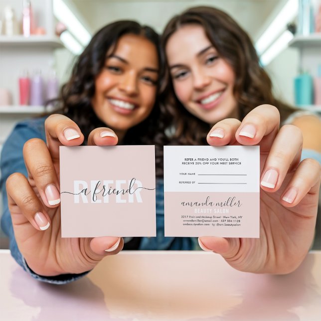 Modern pink grey refer a friend script signature referral card (Modern pink gray refer a friend script signature)