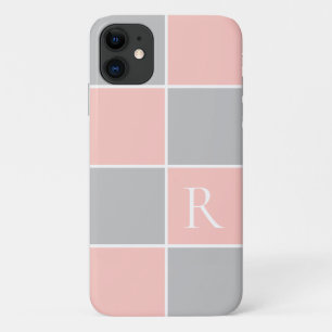 Modern pink, grey square colour block monogrammed iPhone 11 case