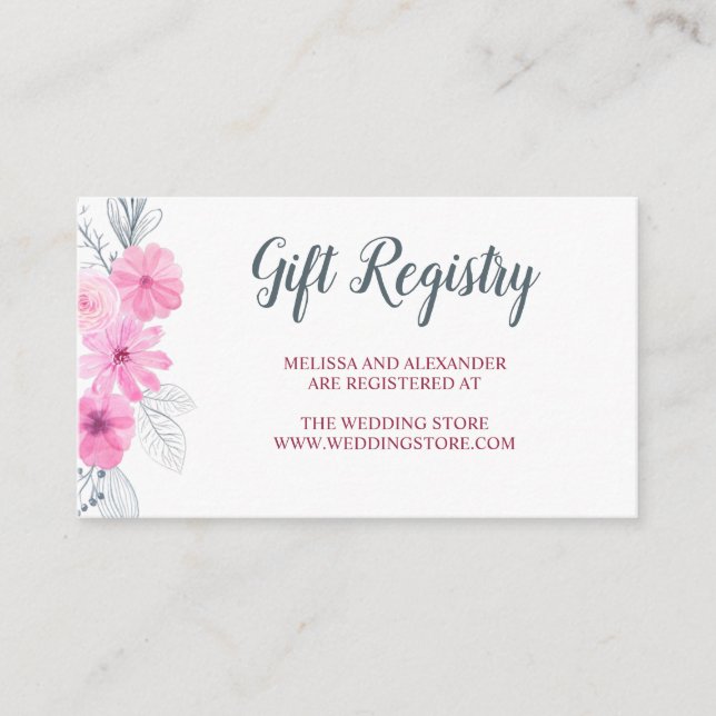 Modern pink grey watercolor flowers spring wedding enclosure card (Front)