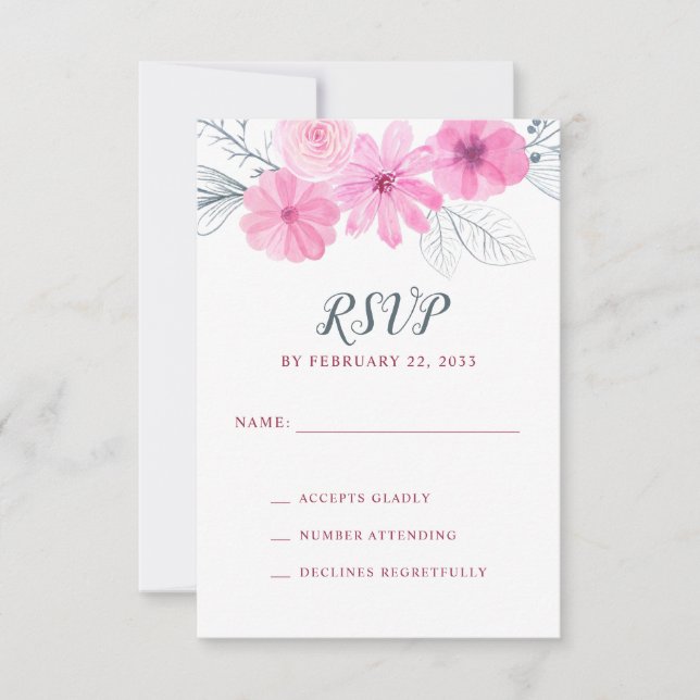 Modern pink grey watercolor flowers spring wedding RSVP card (Front)