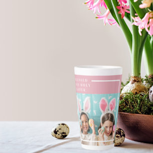 Modern Pink Happy Blessed Easter   Photo Gift Latte Mug