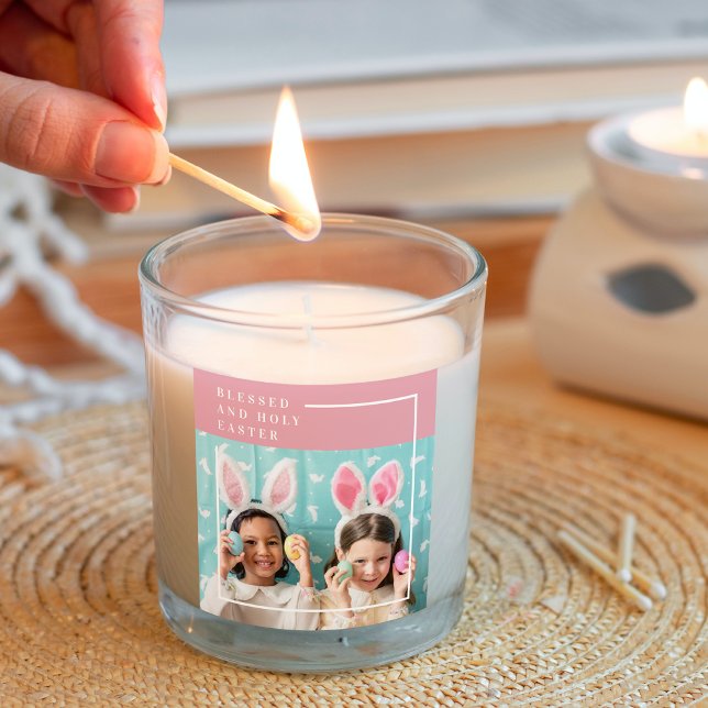 Modern Pink Happy Blessed Easter | Photo Gift Square Sticker (Creator Uploaded)