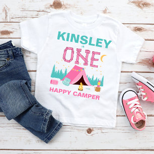 Modern Pink Happy Camper Themed 1st Birthday Baby T-Shirt