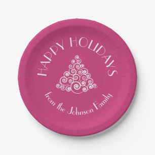 Modern Pink Happy Holidays Christmas  Paper Plate
