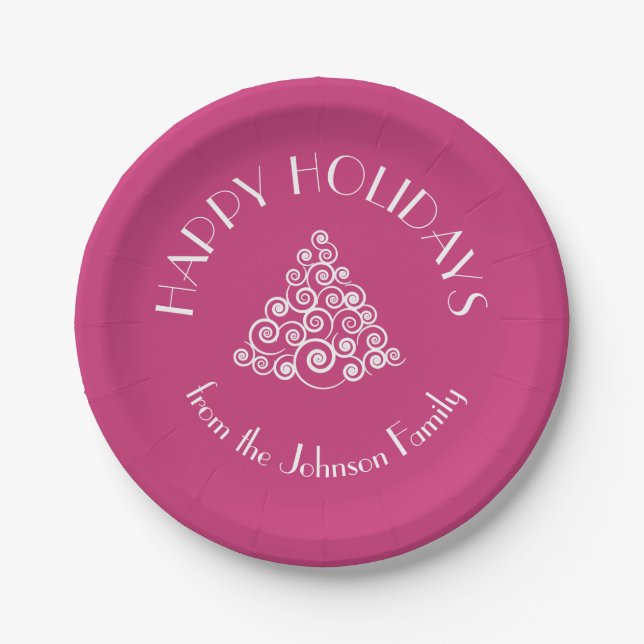 Modern Pink Happy Holidays Christmas  Paper Plate (Front)