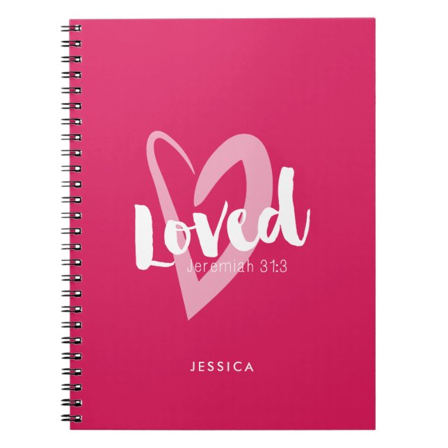 Modern Pink Heart Loved Bible Verse Notebook (Front)