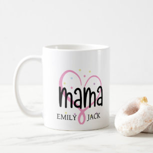 Modern Pink Heart Mama Kids Names Mother's Day Coffee Mug