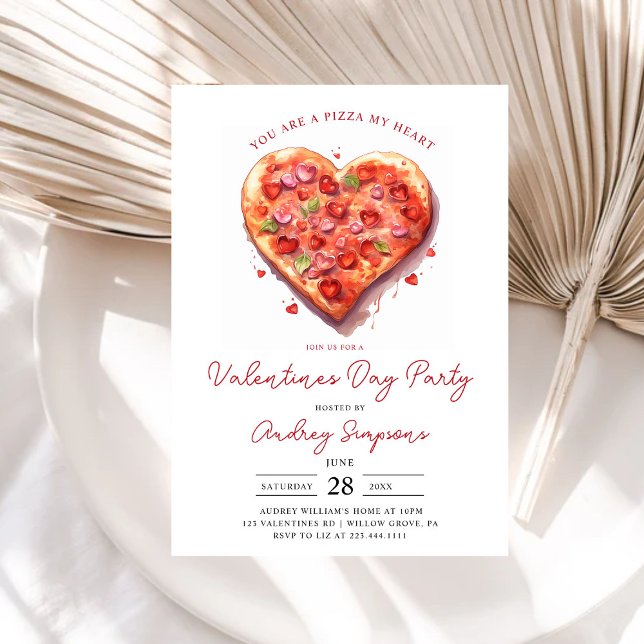 Modern Pink Heart Pizza Valentines Party Invitation (Creator Uploaded)