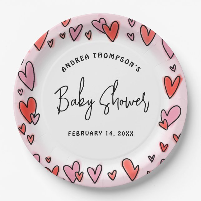 Modern Pink Hearts Valentine Baby Shower Paper Plate (Front)