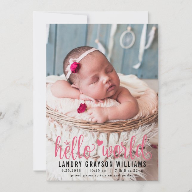 Modern Pink Hello World Photo Birth Stat Announcement (Front)