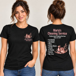 Modern Pink Home Cleaning Service Woman Black T-Shirt