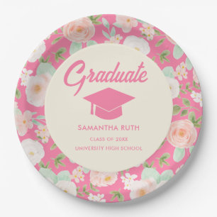 Modern Pink Ivory Floral Graduation Party  Paper Plate