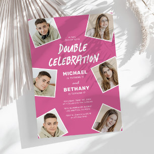 Modern Pink Joint Photo Birthday Party Invitation