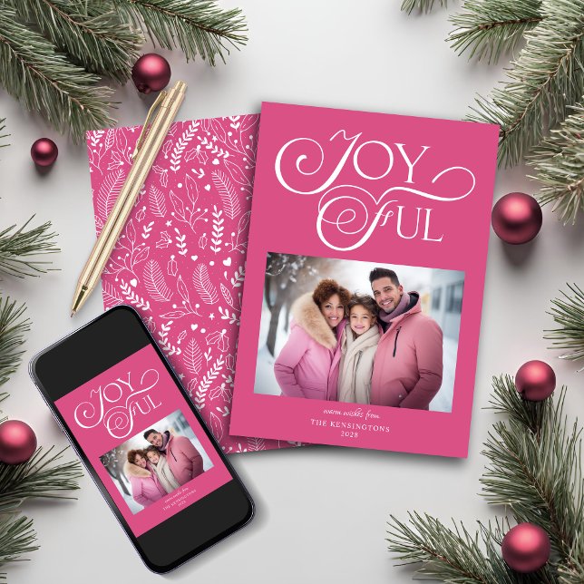 Modern Pink Joyful Holiday Photo Card (Modern Pink Joyful Holiday Photo Christmas Card)