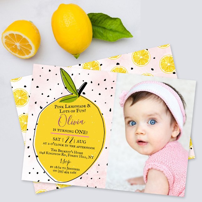 Modern Pink Lemonade 1st Birthday Photo Invitation (Creator Uploaded)