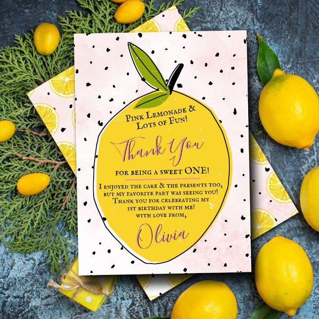 Modern Pink Lemonade 1st Birthday Thank You Card (Creator Uploaded)