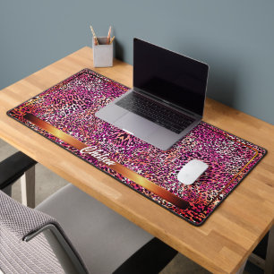 Modern Pink Leopard Animal Print Camo Custom Name Desk Mat