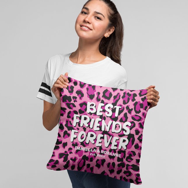 Modern Pink Leopard “Best Friends Forever” Throw Pillow (Creator Uploaded)