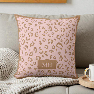 Modern Pink Leopard Pattern Initials Monogram Throw Pillow