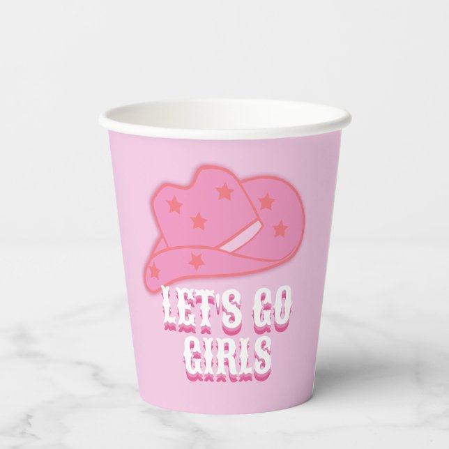 Modern Pink Let's Go Girls Cowboy Hat Rodeo Paper Cups (Back)