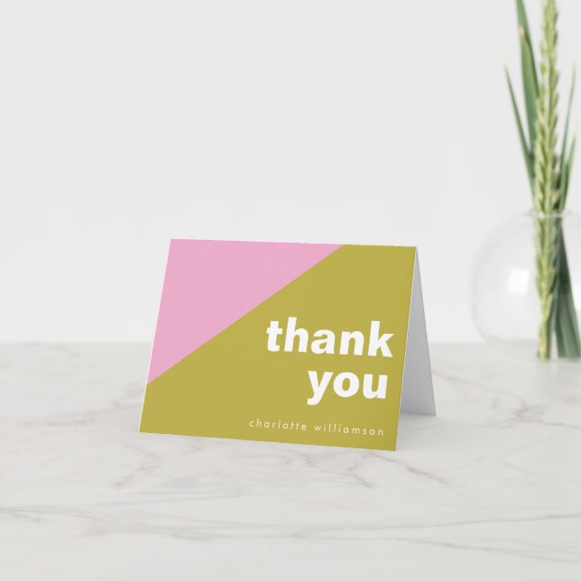 Modern Pink Lime Green Colour Block Custom Name Thank You Card (Front)