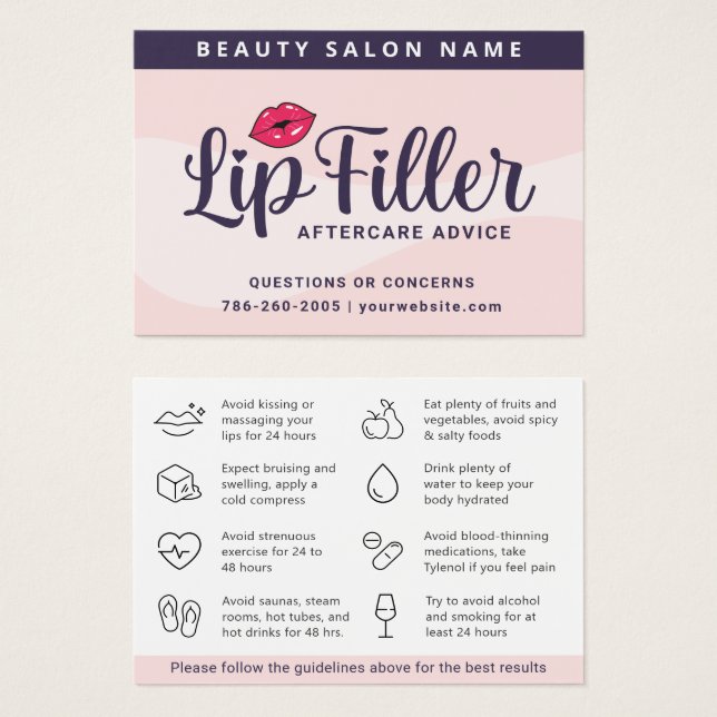 Modern Pink Lip Filler Aftercare Instructions Card (Front & Back)