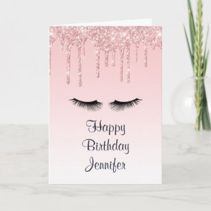 Modern Pink Liquid Glitter & Eyelashes Birthday Card