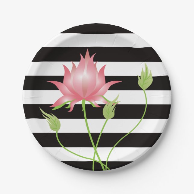 Modern Pink Lotus Floral Stripes Paper Plate (Front)