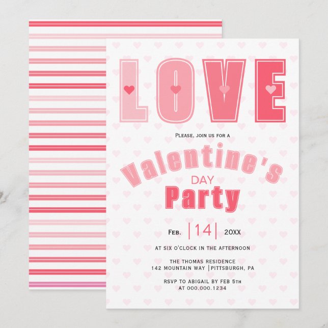 Modern pink LOVE hearts Valentines Day party Invitation (Front/Back)