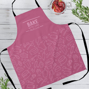 Modern Pink Magenta Baking Tools Line Pattern Apron