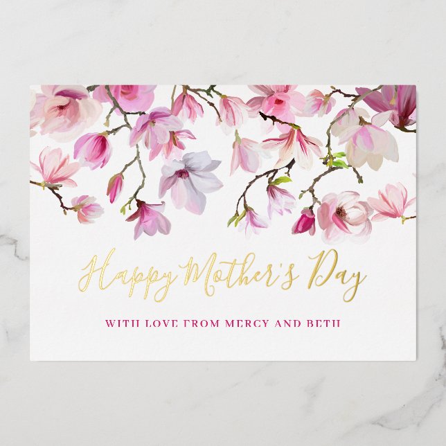 Modern Pink Magnolia Floral Happy Mothers Day (Front)