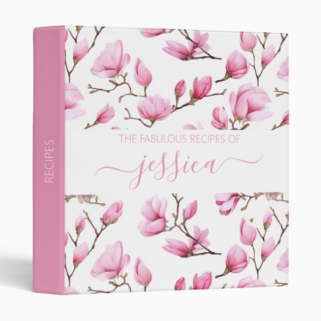 Modern pink magnolia script name Recipe Binder (Front/Spine)