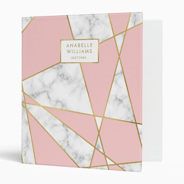 Modern Pink Marble and Gold Geometric Design Binder (Front/Inside)