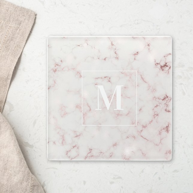 Modern Pink Marble Custom Initial Gift Glass Coaster (Creator Uploaded)